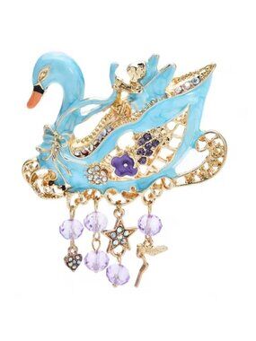 Vintage Blue Swan Gold Enamel Crystals & Charms Brooch